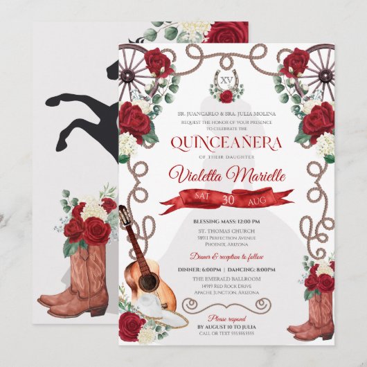 Red Roses Western Quinceanera Elegant Charro Kaart (Voorkant / Achterkant)
