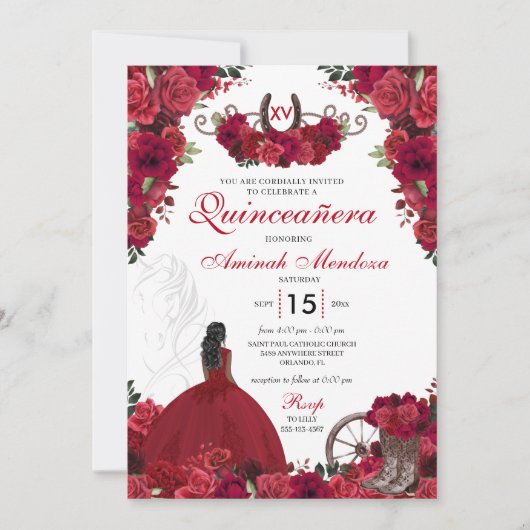Red Roses Westerne prinses Charra Quinceanera Kaart (Voorkant)