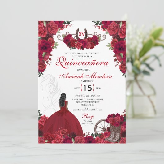 Red Roses Westerne prinses Charra Quinceanera Kaart (Staand voorkant)