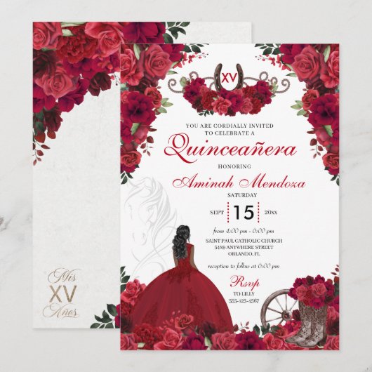 Red Roses Westerne prinses Charra Quinceanera Kaart (Voorkant / Achterkant)