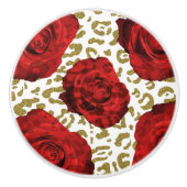 Red Roses White Gold Cheetah Leopard Animal Print Keramische Knop (Voorkant)