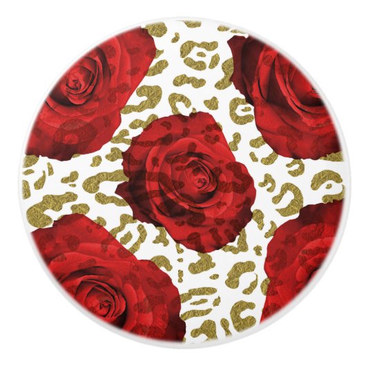Red Roses White Gold Cheetah Leopard Animal Print Keramische Knop (Voorkant)