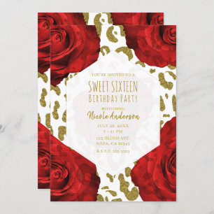 Red Roses White Gold Cheetah Leopard Sweet 16 Invi Kaart