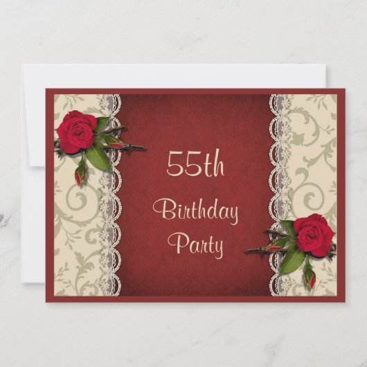 Red Roses & White Lace 55th Birthday Party Kaart (Voorkant)