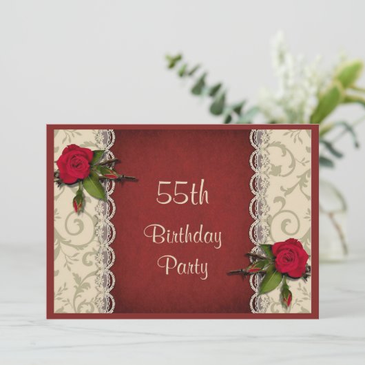Red Roses & White Lace 55th Birthday Party Kaart (Staand voorkant)