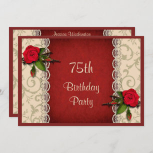 Red Roses & White Lace 75th Birthday Party Kaart