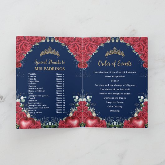 Red Roses White Quinceañera Order of Events Programma (Binnen)