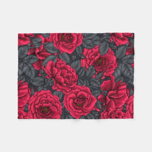 Red roses with gray leaves on black fleece deken (Voorkant (Horizontaal))
