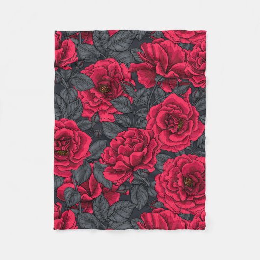 Red roses with gray leaves on black fleece deken (Voorkant)