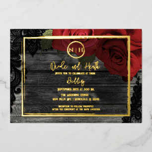 Red Roses Wood & Lace Elegant Rustic Wedding Gold Folie Uitnodiging