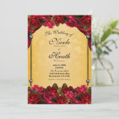 Red Roses Yellow & Gold Elegant Wedding Kaart (Staand voorkant)