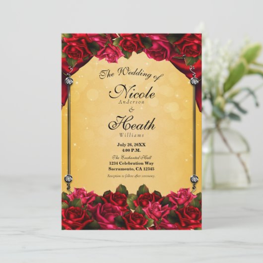Red Roses Yellow & Gold Elegant Wedding Kaart (Staand voorkant)