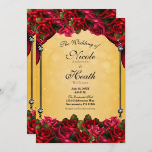 Red Roses Yellow & Gold Elegant Wedding Kaart