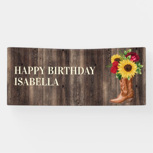 Red Roses Yellow Sunflower Boots Wood Birthday Spandoek (Horizontaal)