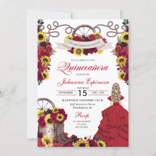 Red Roses Zonnebloemen Cowgirl Western Quinceanera Kaart