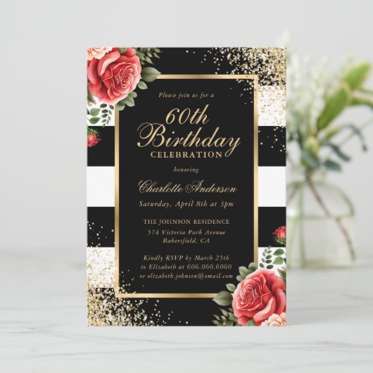 Red Roses Zwart Goud Confetti 60ste Verjaardag Kaart (Staand voorkant)