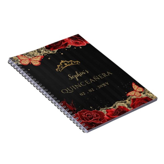 Red Roses Zwart Goud Kant Quinceañera Gastenboek Notitieboek (Rechterzijde)