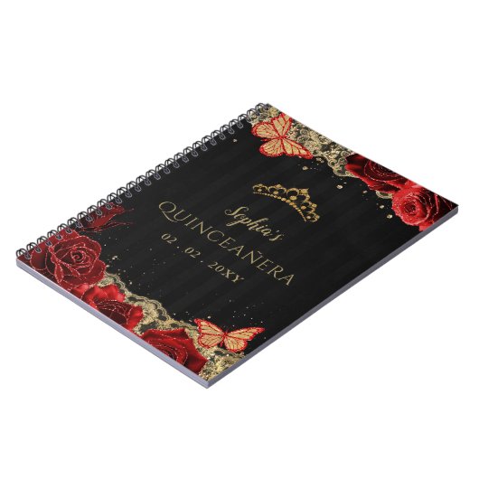 Red Roses Zwart Goud Kant Quinceañera Gastenboek Notitieboek (Linkerzijde)