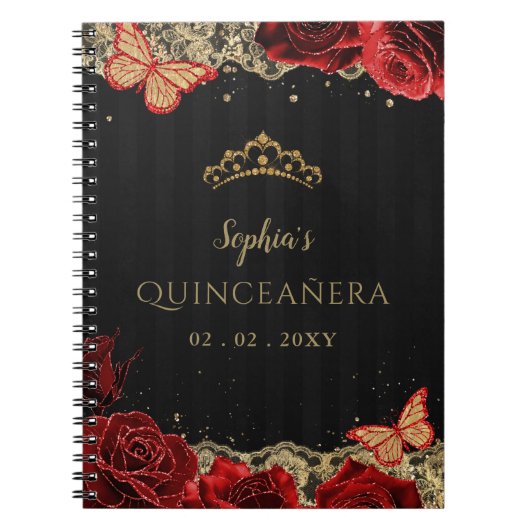 Red Roses Zwart Goud Kant Quinceañera Gastenboek Notitieboek (Voorkant)