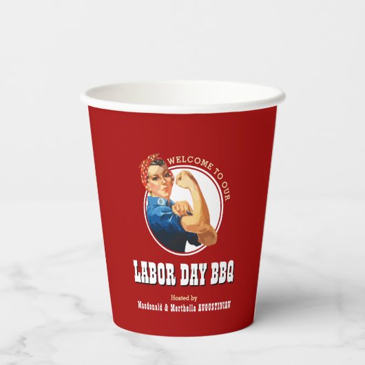 Red Rosie Riveter LABOR DAY BBQ Paper Cups Papieren Bekers (Achterkant)