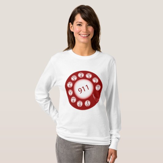 Red Rotary Phone Dial 911 Emergency Number T-shirt (Voorkant volledig)