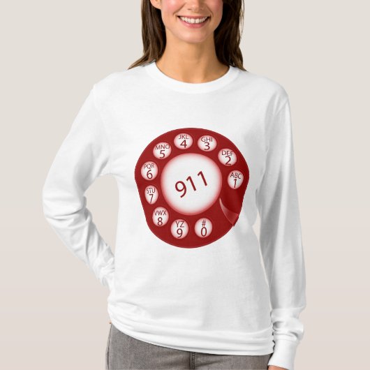 Red Rotary Phone Dial 911 Emergency Number T-shirt (Voorkant)