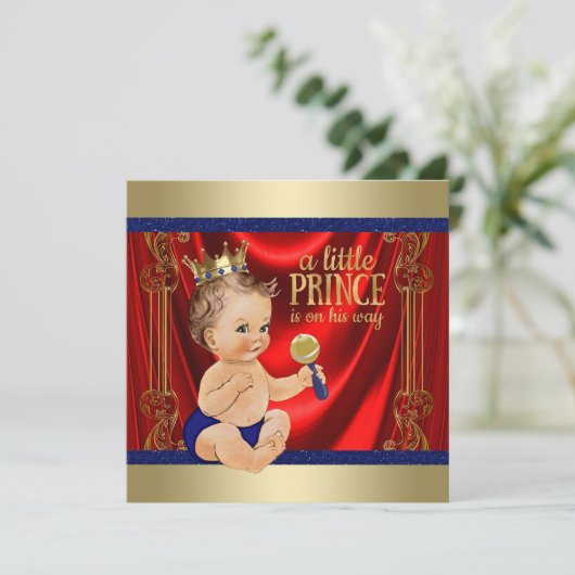 Red Royal Blue Gold Prince Baby shower Kaart (Staand voorkant)