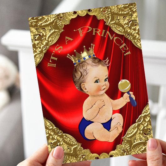 Red Royal Blue Gold Satin Prince Baby shower Kaart