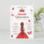 Red Royal Butterfly Quinceañera Invitation Kaart (Staand voorkant)