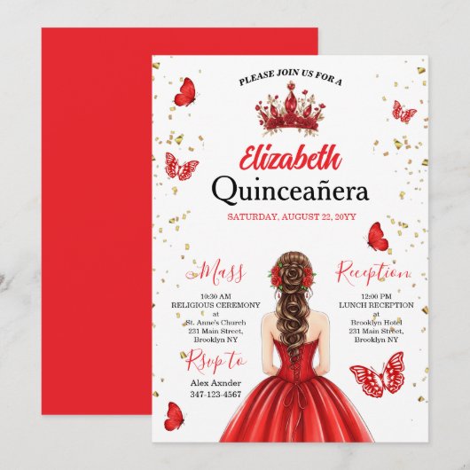 Red Royal Butterfly Quinceañera Invitation Kaart (Voorkant / Achterkant)