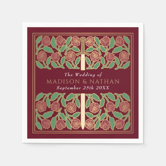 Red Royal Medieval Gold Floral Sword Wedding Servet (Voorkant)