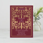 Red Royal Medieval Gold Sword Wedding QR Code Kaart (Staand voorkant)