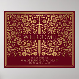 Red Royal Medieval Gold Sword Wedding Welcome Sign Poster