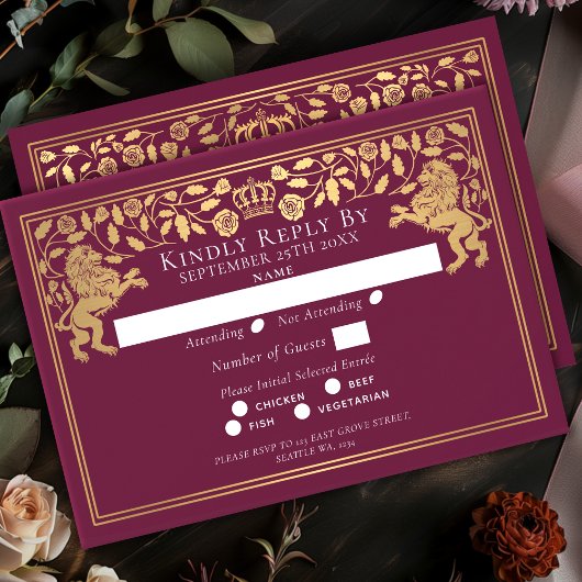 Red Royal Medieval Lion Wedding RSVP Kaartje