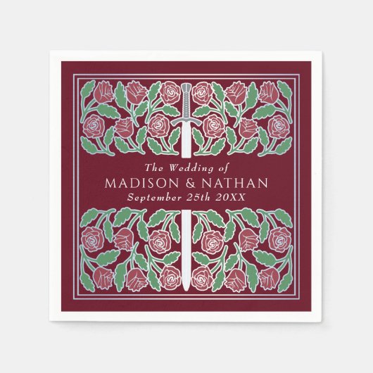 Red Royal Medieval Silver Floral Sword Wedding Servet (Voorkant)