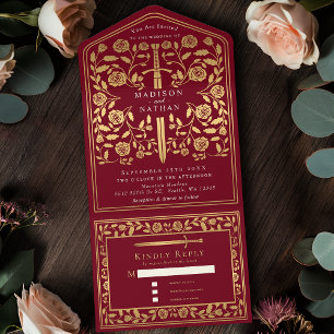 Red Royal Medieval Sword Wedding All In One Uitnodiging