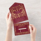 Red Royal Medieval Sword Wedding All In One Uitnodiging (Afscheurbaar)