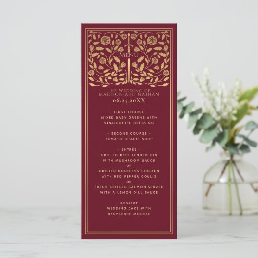 Red Royal Medieval Sword Wedding Flat Menu (Staand voorkant)