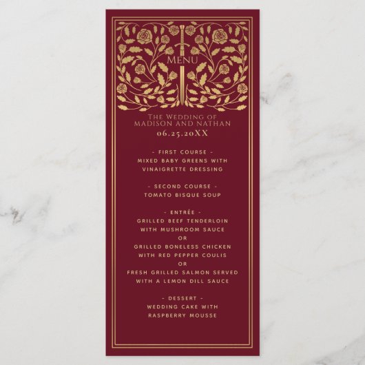 Red Royal Medieval Sword Wedding Flat Menu (Voorkant)