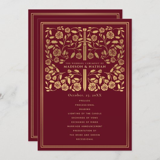 Red Royal Medieval Sword Wedding Programme Programmakaart (Voorkant / Achterkant)