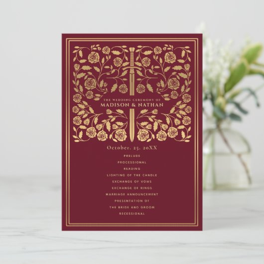 Red Royal Medieval Sword Wedding Programme Programmakaart (Staand voorkant)