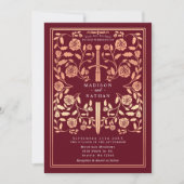 Red Royal Middeleeuws Roos Gold Sword Wedding Kaart (Voorkant)