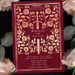 Red Royal Middeleeuws Roos Gold Sword Wedding Kaart<br><div class="desc">Stap in een verhaal van romance en legende! Deze middeleeuwse fantasie huwelijksuitnodigingen zijn voorzien van een vorstelijk zwaard verstrengeld met rozen gouden bloemen op een rijke rode achtergrond. Ze zijn perfect voor koppels die op zoek zijn naar een betoverende en tijdloze touch voor hun speciale dag. Merk op dat het...</div>