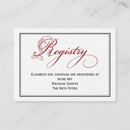 Red Royal Script Calligraphy Wedding Registry Kaar Informatiekaartje (Voorkant)