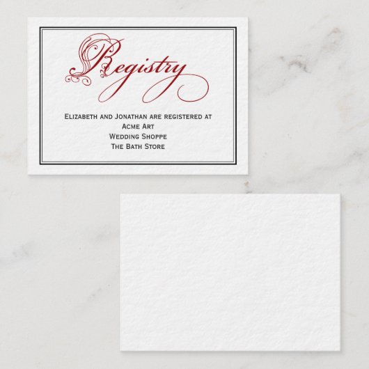 Red Royal Script Calligraphy Wedding Registry Kaar Informatiekaartje (Voorkant / Achterkant)