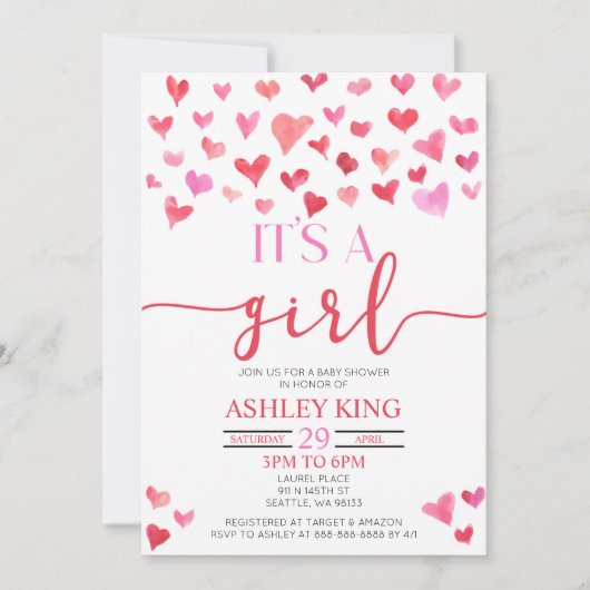 Red roze harten Het is een meisjesuitnodiging voor Kaart (Voorkant)