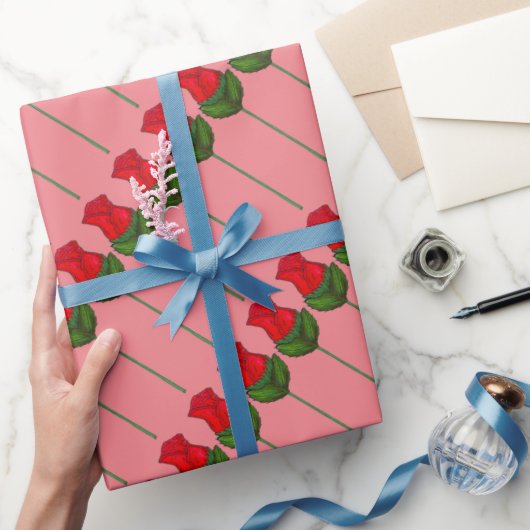 Red Roze Long Stem Rozen Flowers Valentijnsdag Cadeaupapier (Geschenken)