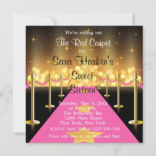 Red/roze tapijt Hollywood Sweet 16 Invite Kaart (Voorkant)