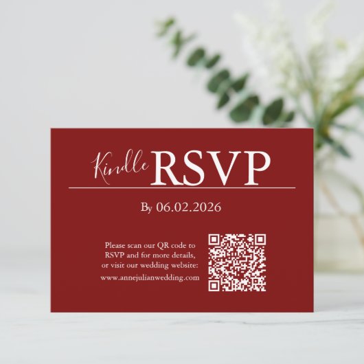 Red RSVP QR Code Card for Modern Wedding (Staand voorkant)