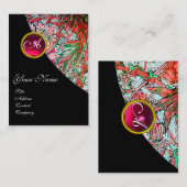 RED RUBY DAMASK MONOGRAM 3 fuchsia green roze blue Visitekaartje (Voorkant / Achterkant)